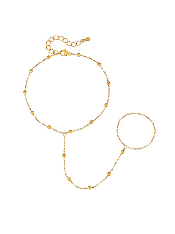 Stainless Steel 18K Gold Plated Beaded Toe Ring Anklet for Women, Summer Beach Gift Jewelry