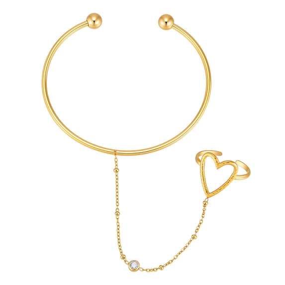 VNOX Stainless Steel 18K Gold Plated Heart Ring Cuff Bracelet with Chain for Valentine's Gift