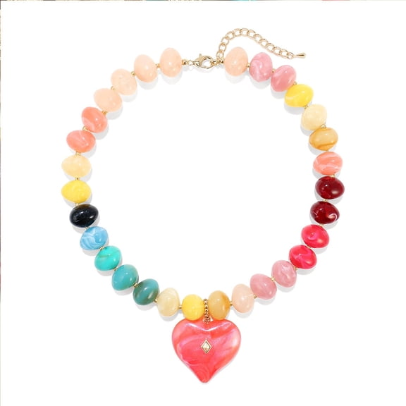 VNOX Stainless Steel Gold Tone Necklace with Colorful Resin Beads and Red Heart Pendant for Gifts