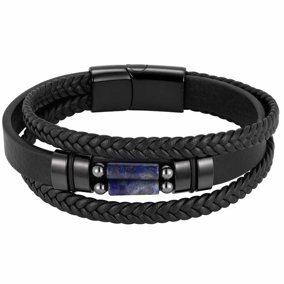 VNOX Stainless Steel Magnetic Clasp Lapis Bead Black Leather Double Layer Bracelet for Men Gift