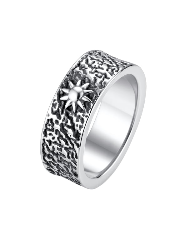 Stainless Steel Sun Moon Wide Band Ring for Men, Silver Celestial Ring for Anniversary Gift