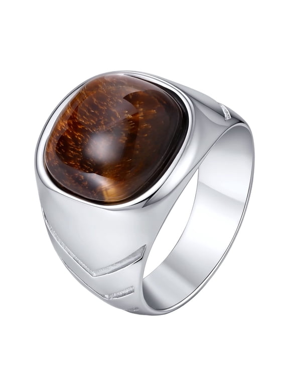 Stainless Steel Textured Tiger Eye Signet Ring for Men, Silver Tone Gift Ring Size 7