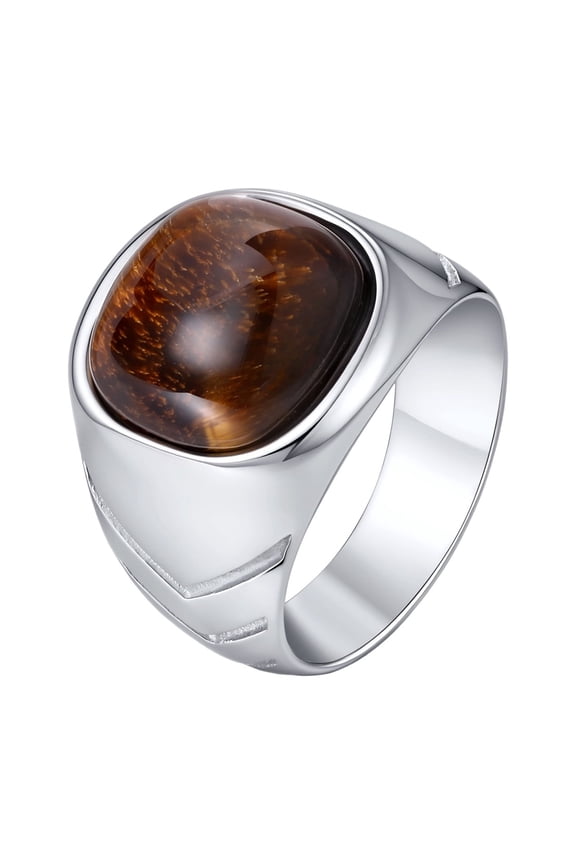 Stainless Steel Tiger Eye Signet Ring for Men, Silver Textured Statement Ring Gift Jewelry