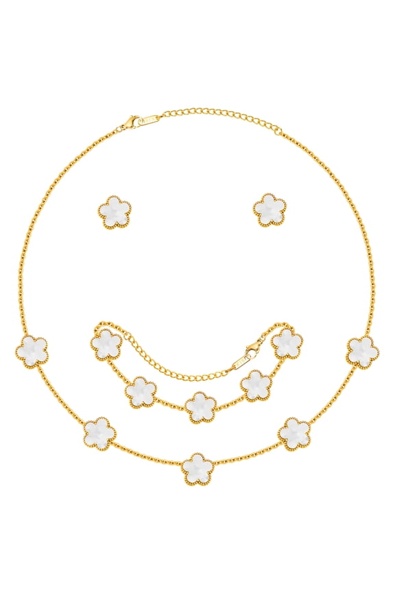 18K Gold Plated Five-Leaf Clover Jewelry Set: Single-Layer Necklace + Adjustable Bracelet + Earrings - Lucky Gifts for Women (Mom/Wife/Daughter/Friends)