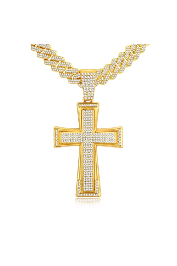 Mens Womens Large Cross Necklace with Stainless Steel Cubic Zirconia Inlay Diamond Pendant and Iced Out Cuban Chain Miami Style Hip Hop Jewelry Christmas Costume