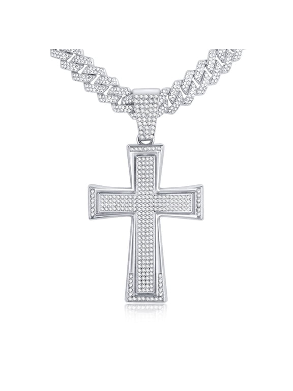 Mens Womens Large Cross Necklace with Stainless Steel Cubic Zirconia Inlay Diamond Pendant and Iced Out Cuban Chain Miami Style Hip Hop Jewelry Christmas Costume
