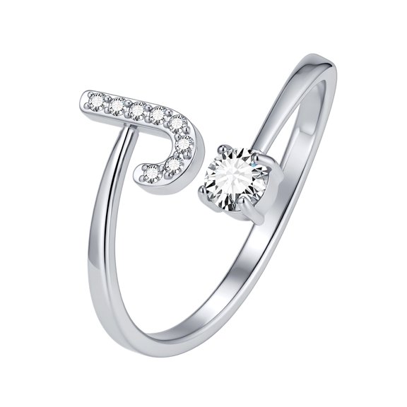VNOX Women's Stainless Steel Cubic Zirconia Initial Letter J Open Ring, Adjustable Silver Alphabet Jewelry Gift for Her