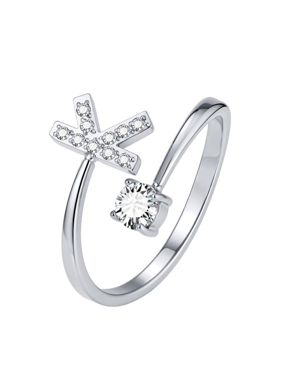 Women's Stainless Steel Cubic Zirconia Initial Letter K Open Adjustable Ring, Silver Tone Alphabet Monogram Rings Jewelry Gift for Her, Birthday Anniversary