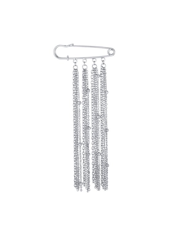 Women's Stainless Steel Tassel Chain Brooch Pin Silver Tone Spacer Bead Statement Jewelry Gift for Her