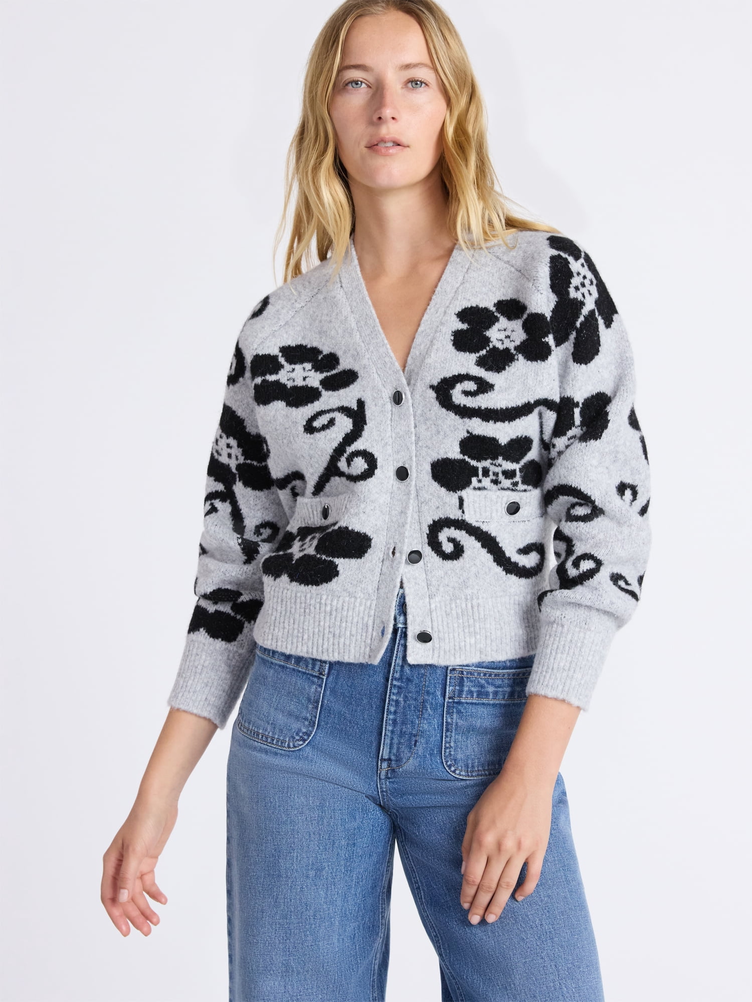 Free Assembly Women’s Floral Pattern V-Neck Cardigan Sweater, Midweight, Sizes XS-XXL