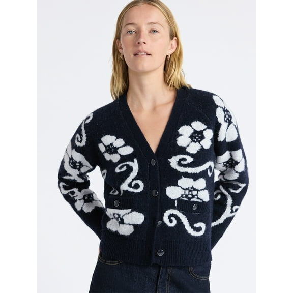 Free Assembly Women’s Floral Pattern V-Neck Cardigan Sweater, Midweight, Sizes XS-XXL