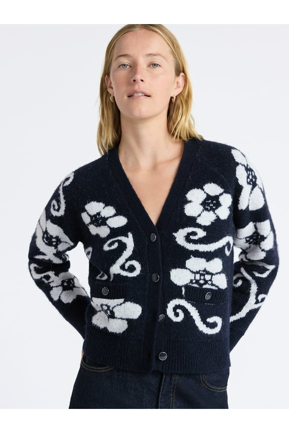 Women’s Floral Pattern V-Neck Cardigan Sweater, Midweight, Sizes XS-XXL