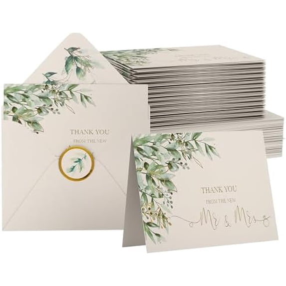 VNS Creations 100 Thick & Sturdy Blank Wedding Thank You Cards With Envelopes. 4x6 Inches Wedding Thank You Notes. Includes High Quality Stickers To Seal New Mr. & Mrs. Thank You Wedding Cards