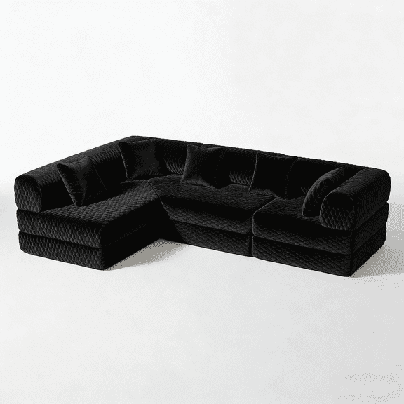 Vnete 109" Convertible Sectional Sofa with 5 Pillows, Turtle Velvet Upholstered Couches for Living Room, Apartment, Black