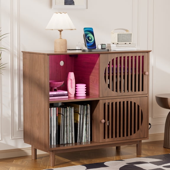 VNT 35inch Large Record Player Stand, Vinyl Record Storage Cabinet Up to 350 Albums with Power Outlet and LED Light,, Wood Record Player Holder Table for Living Room,Walnut Color