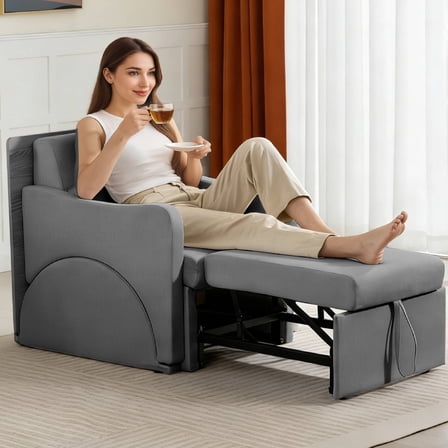 VNT 4-in-1 Convertible Sofa Bed, Pull Out Couch with 6 Levels Adjustable Backrest & Desk for Living Room, Apartment, Chenille Upholstery, Gray