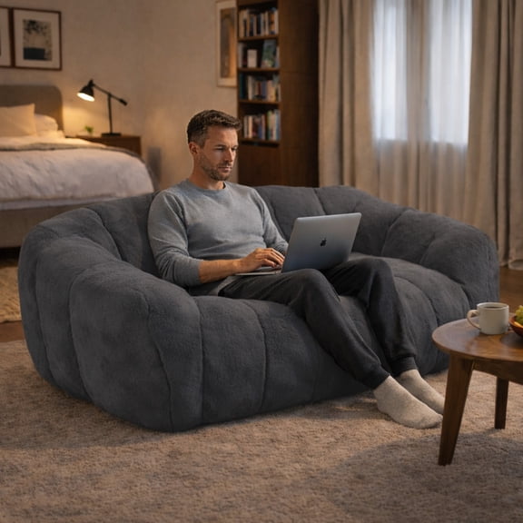 VNT 42" Boneless Couch for Living Room, Faux Rabbit Fur Toddler Bean Bag Chair Loveseat, No Assembly Required, Gray