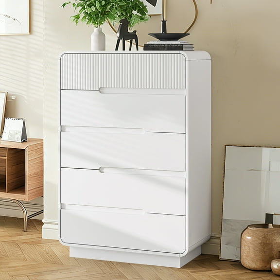 VNT 5 Drawer Dresser, Modern Closet Chest of Drawers, Large Wood Storage Dresser Organizer for Bedroom Living Room, White