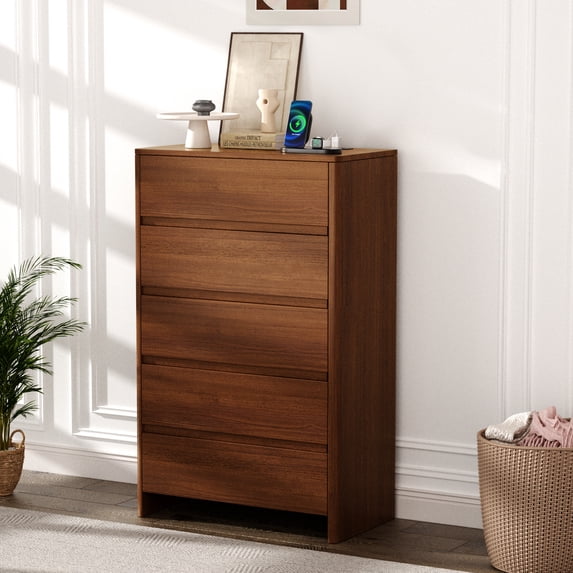 Living Roon Drawer Pikvki 5 Drawer Dresser with Charging Station for Bedroom, Modern Wood ...