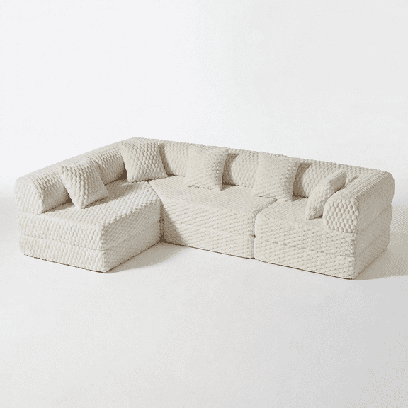 Vnete 109" Convertible Sectional Sofa with 5 Pillows, Turtle Velvet Upholstered Couches for Living Room, Apartment, White