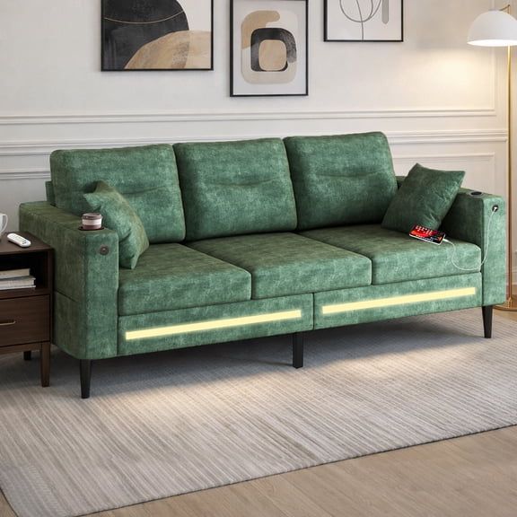 Vnete Sofas & Couches, 3 Seater Sofa Modern Sofa with LED Lights & Charging Ports, Modern Sofa for Living Room, Bedroom, Apartment, Green