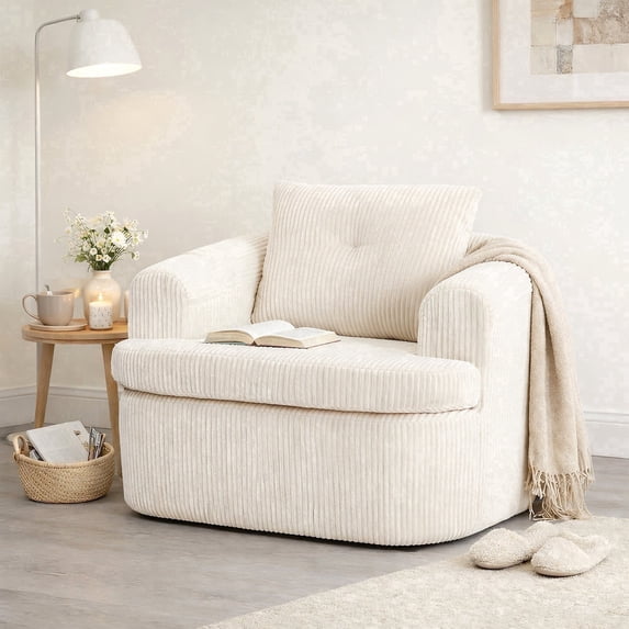 Fnkosi Accent Chair, Living Room Chairs with 360-Degree Rotation, Corduroy Fabric Reading Chair, No Assembly Required, Single, Cream