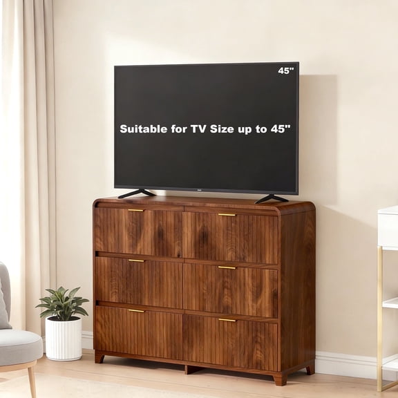 VNT Fluted 6 Drawer Dresser for Bedroom,47.2" Wide Wooden Dresser TV Stand with Metal Handdle，Moderen Chest of Drawers for Living Room,Hallway,Black