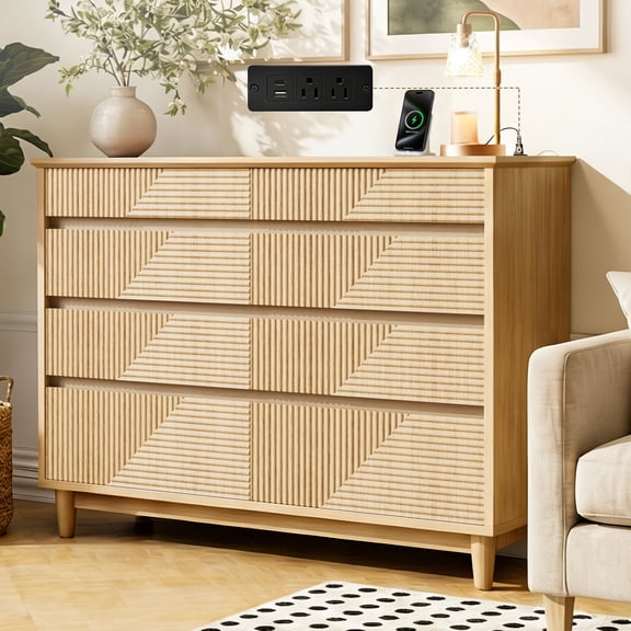 VNT Fluted 8 Drawer Dresser for Bedroom,47.3" Length Large Wood Storage Chest Organizer with Charging Station,Waterproof Lacquered Desktop,Anti-Tipping,for TV Stand/Bedroom,Natural