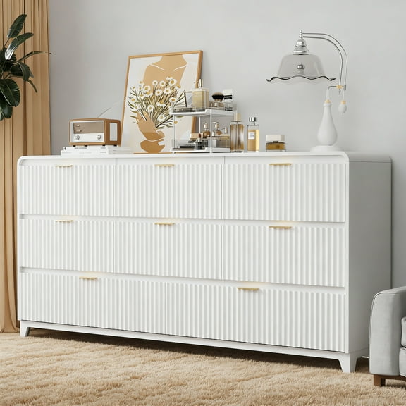 VNT Fluted 8 Drawer Dresser for Bedroom, 55.1" Wide Modern Wood Chest of Drawers with Metal Handle for Living Room, White