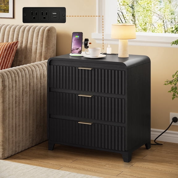 Pikvki Fluted Nightstand with Storage, 3 Drawers Wood Bed Side Table with Charging Station, Modern End Side Table for Bedroom Furniture Living Room Sofa, Black