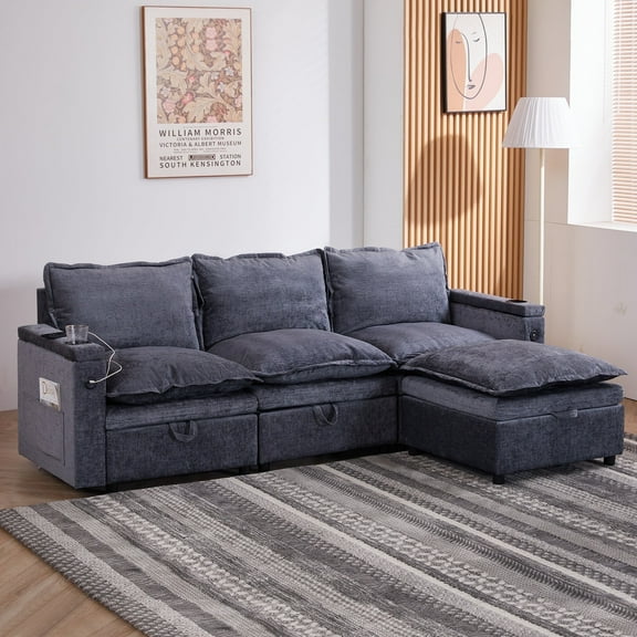 VNT Sectional Sofa Modern Modular Cloud Couch with Side Storage Pocket & Cup Holders for Living Room Bedroom, Chenille Upholstery, Beige