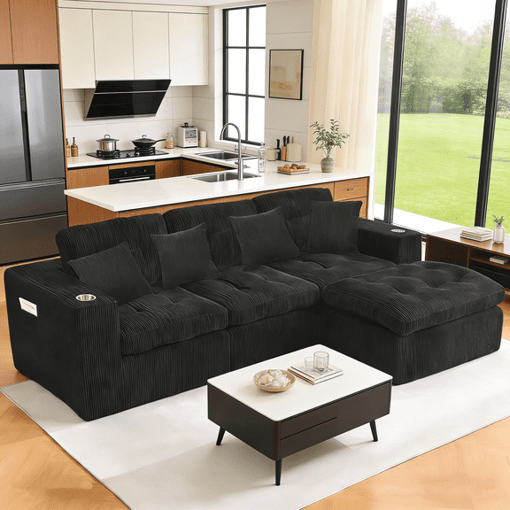 VNT Modern Cloud Couch Sectional, Ergonomic Support & Free Combination, Corduroy Sofa for Living Room, Right-Facing Chaise, Black
