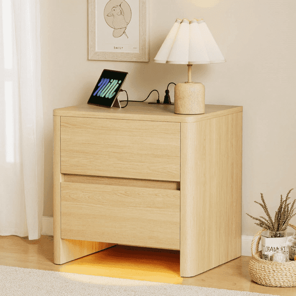 Pikvki 2 Drawer Nightstand with Charging Station & LED Lights, Modern End Table for Bedroom, Living Room, Natural Oak