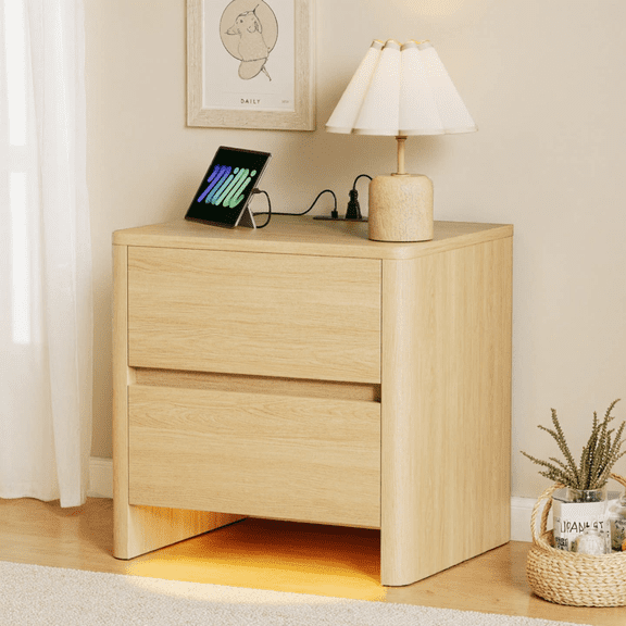 VNT Modern Nightstand with Charging Station & LED Lights,2 Drawers Wood Bedside Table with Elevated Bottom Designd for Bedroom,Living Room,Natural Oak