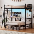 thumbnail image 1 of VNT Rustic Bunk Bed with Desk, Led Lights & Charging Station, Metal L-Shaped Twin Over Twin Beds, Loft Bed with Safety Guardrail and Ladder, 1 of 7