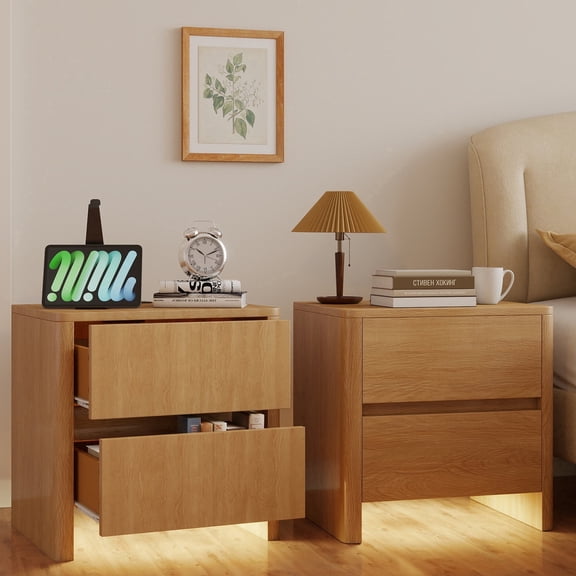 Pikvki 2 Drawers Nightstands with Charging Station & LED Lights Setof2, Modern Wood End Bedside Table for Bedroom, Living Room, Natural Oak