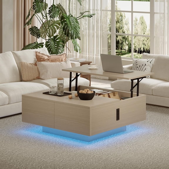 Pikvki Square Lift Top Coffee Table, 31.5" Wooden Coffee Table with 2 Drawers, LED Lights & Charging Station, Mid Century Modern Center Table for Living Room (Natural Oak)