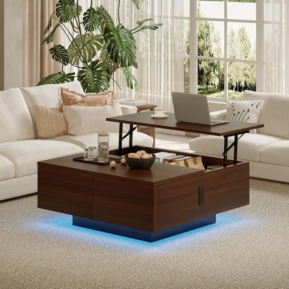 Pikvki Square Lift Top Coffee Table, 31.5" Wooden Coffee Table with 2 Drawers, LED Lights & Charging Station, Mid Century Modern Center Table for Living Room (Walnut)