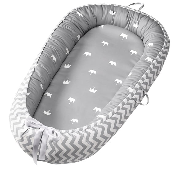 VNV INNOVATES Grey Crown Baby Lounger for Newborns (0-12 Months), Portable Infant Nest, 100% Cotton Breathable Fabric, Removable Machine-Washable Zip Cover, Gray