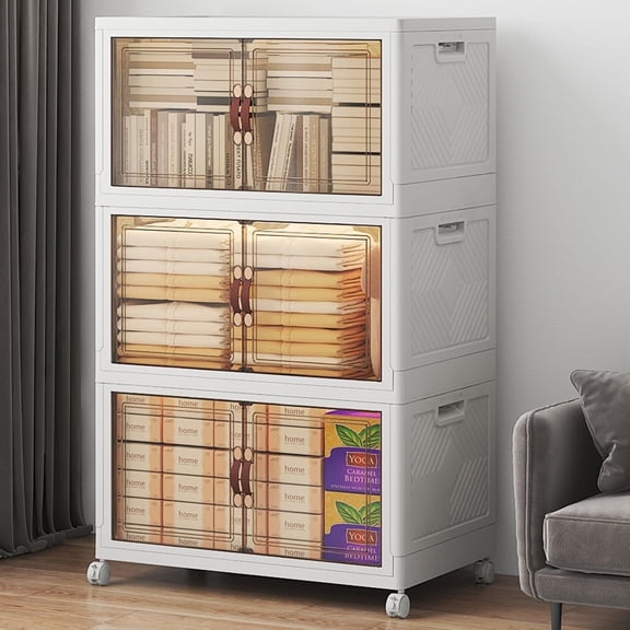 VNVTO 360Qt Stackable Storage Bins with Lids, 3 Pack Large Collapsible Bins with Wheels, Closet Organizers and Storage for Home, Dorm, Office, White