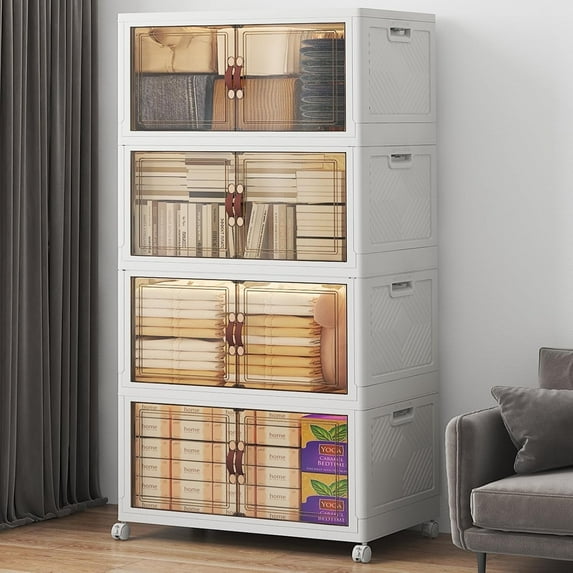 VNVTO 480Qt Stackable Storage Bins with Lids, 4 Pack Large Collapsible Bins with Wheels, Closet Organizers and Storage for Home, Dorm, Office, White