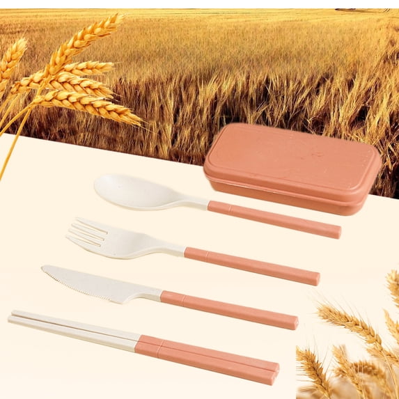 VOAVEKE Pantry Organizers and Storage, Closet Organizers and Storage, Wheats Straw 4 Piece Travel Utensils Set With Portable Case Reusable Folding Knife Fork Spoon Chopsticks For Camping Picnic