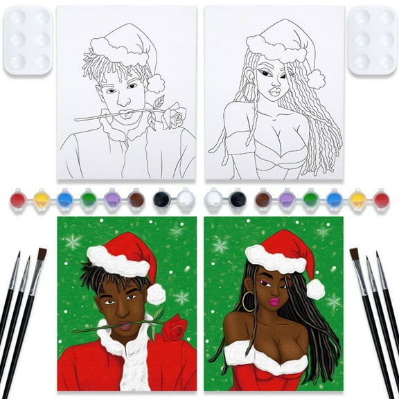 VOCHIC 2 Pack Canvas Painting Kit Pre Drawn Canvas for Painting for Adults Paint and Sip Kits for Party, Christmas Arican Boy and Girl Outline Painting Canvas (8x10)