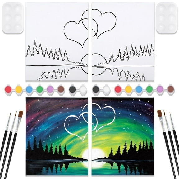 VOCHIC 2 Pack Sip and Paint Kit, Pre Drawn Canvas for Painting for Adults, Starry Sky Heart Couple Date Night Games, Outline Canvas Party Art Set, Paints Brushes Pallets Valentine's Day Gift(8x10)