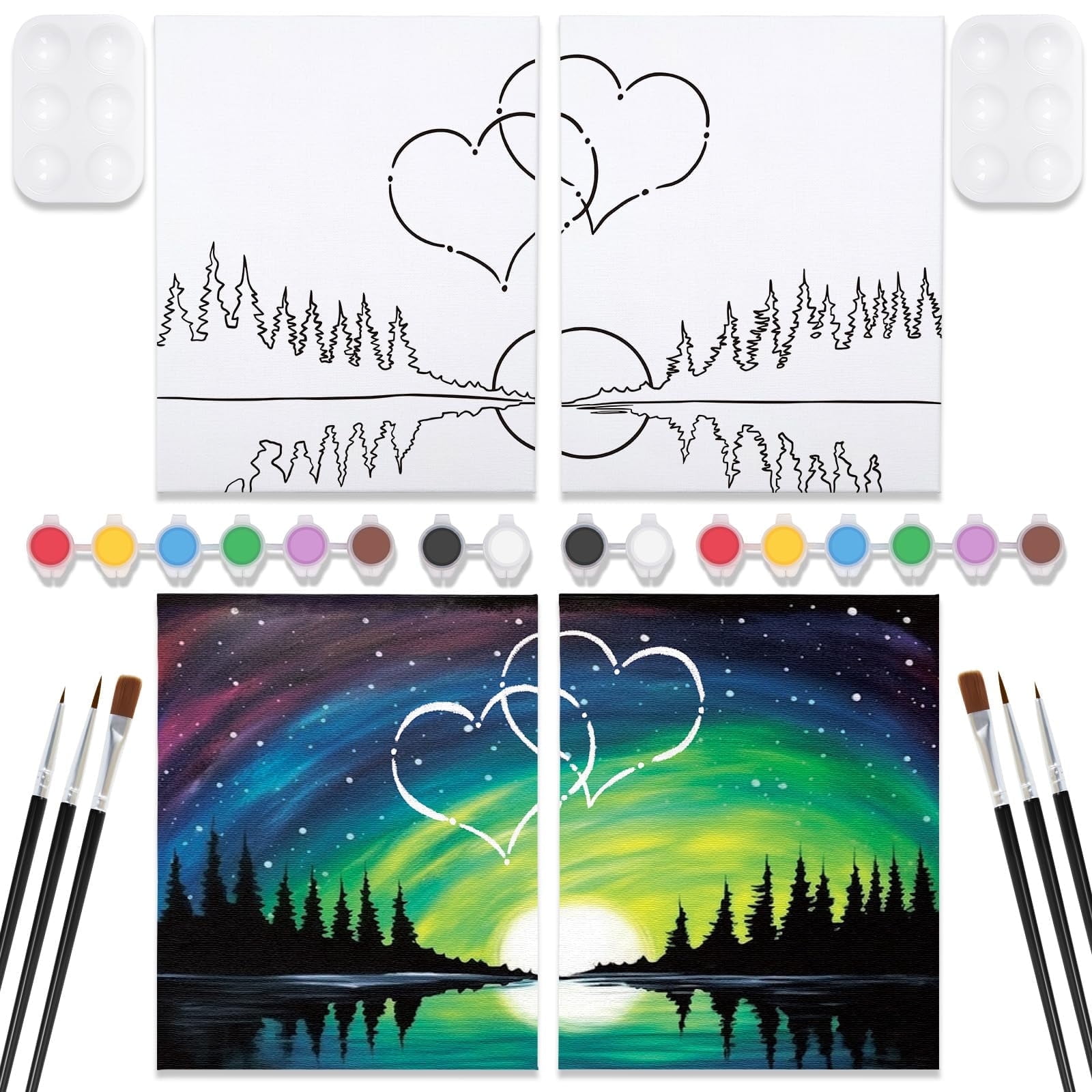 VOCHIC 2 Pack Sip and Paint Kit, Pre Drawn Canvas for Painting for Adults,  Starry Sky Heart Couple Date Night Games, Outline Canvas Party Art Set,  Paints Brushes Pallets Valentine's Day Gift(8x10) -, image size:1600x1600
