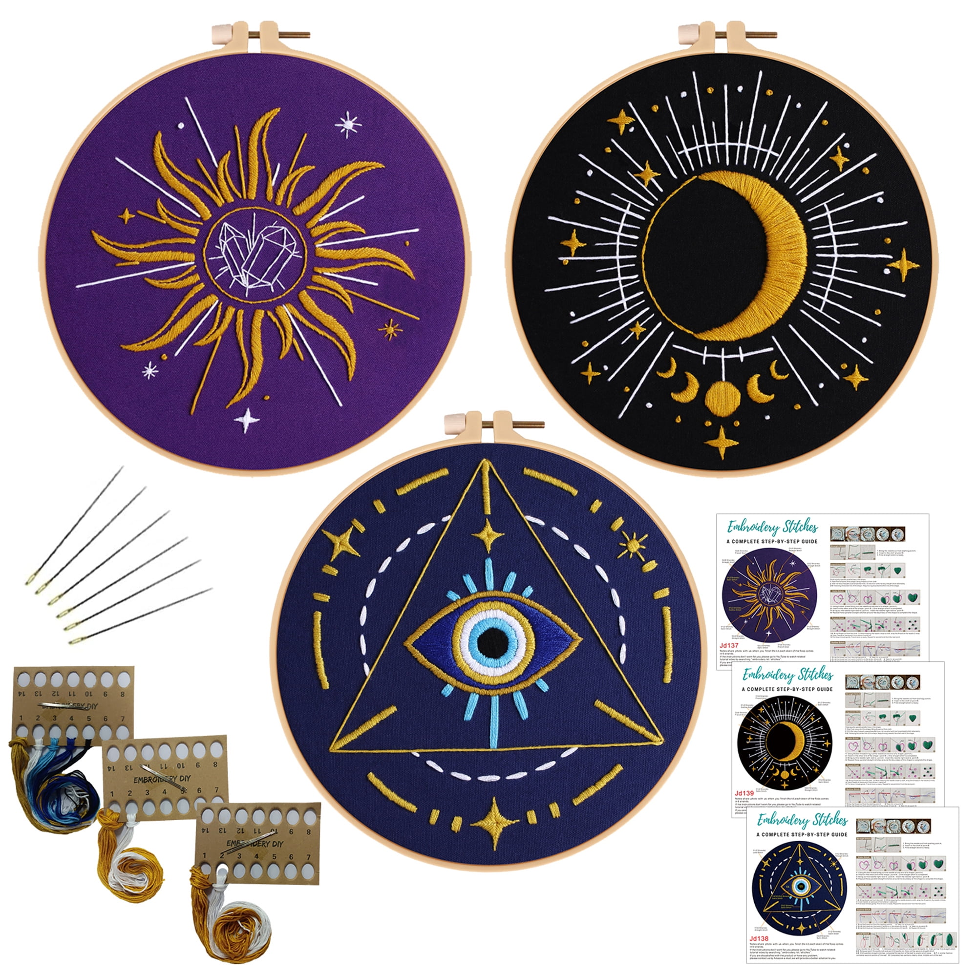 VOCHIC 3 Set Tarot Embroidery Kits for Beginners with Sun Moon Evil Eye