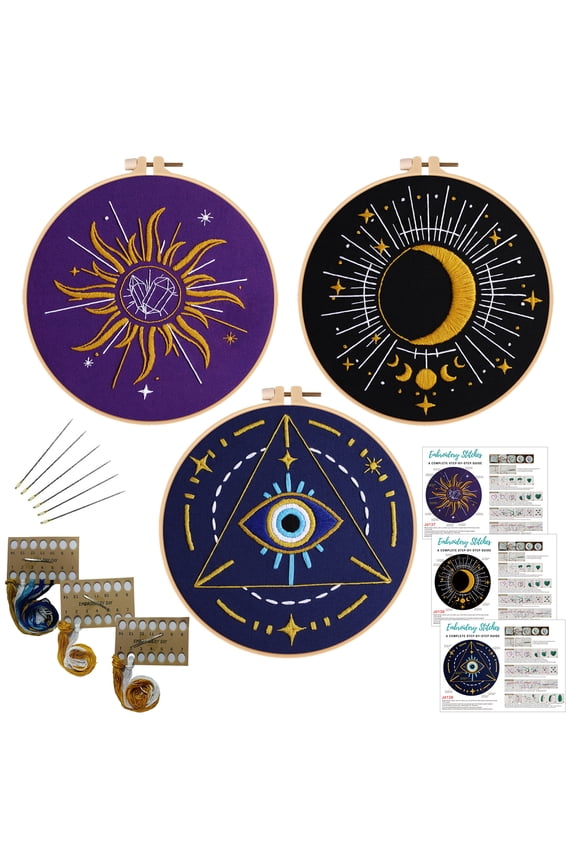 3 Set Tarot Embroidery Kits for Beginners with Sun Moon Evil Eye Pattern,Adults Starter Cross Stitch Kit DIY Needlepoint Kits