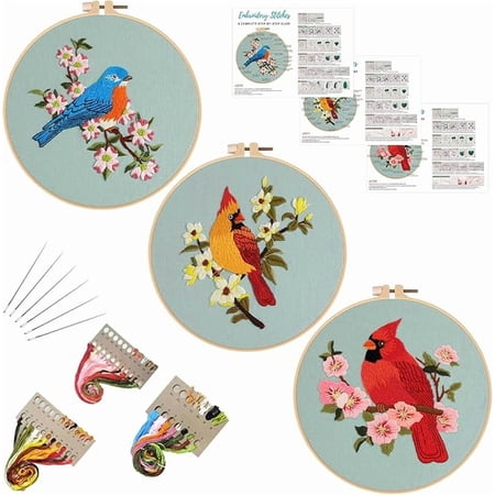 VOCHIC 3 Sets Bird Embroidery Kits for Beginners,Adults Starter Flower Pattern Cross Stitch Kit DIY Needlepoint Kits with Embroidery Instructions
