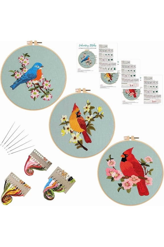 3 Sets Bird Embroidery Kits for Beginners,Adults Starter Flower Pattern Cross Stitch Kit DIY Needlepoint Kits with Embroidery Instructions