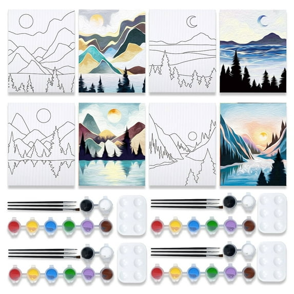 VOCHIC 4 Pack 8x10 Party Party Kits Canvas Painting Kit Pre Drawn Canvas for Painting for Adults Paint and Sip Party Supplies Canvas Paint Art Set